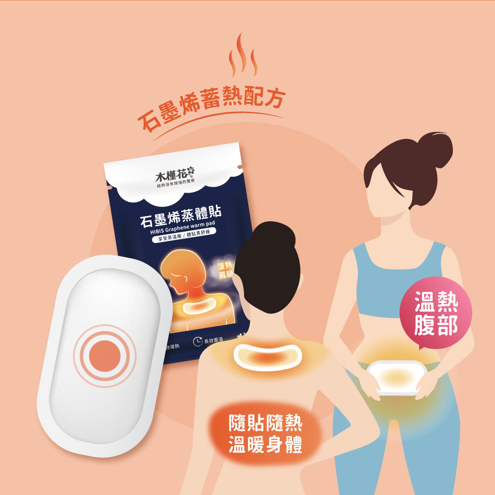 經痛、肩頸痠痛、腰痛該如何改善? HiBIS木槿花MIT台灣製造石墨烯蒸體貼,3C族與久坐族必備舒緩貼,女性使用溫熱舒緩經痛與腰背痠痛